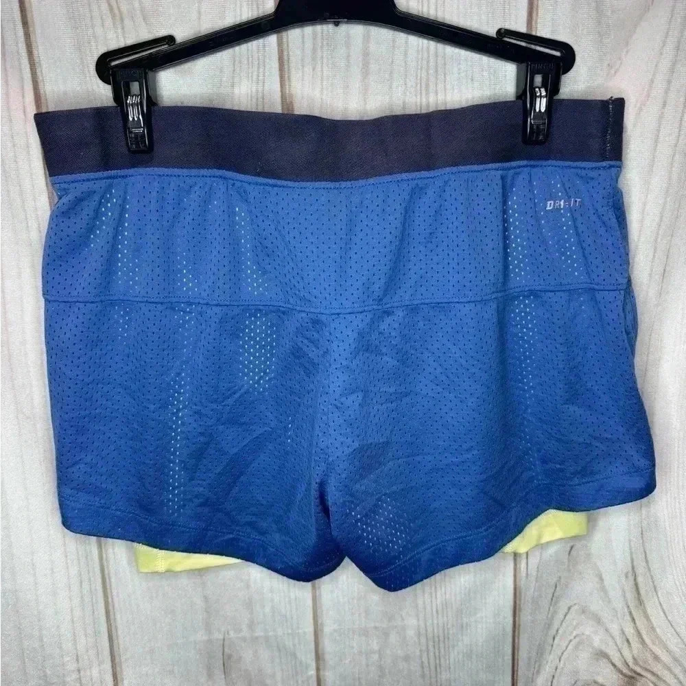 Nike Dri Fit Mesh Athletic Running Lined Shorts Women’s‎ Medium Blue Yellow - Picture 2 of 6